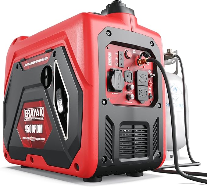 ERAYAK 4500W Dual-Fuel Portable Inverter Generator for Home Use Camping Outdoor 30A RV Ready Auto Switch Gas and Propane Powered EPA CO Sensor Parallel Ready Campact Design
