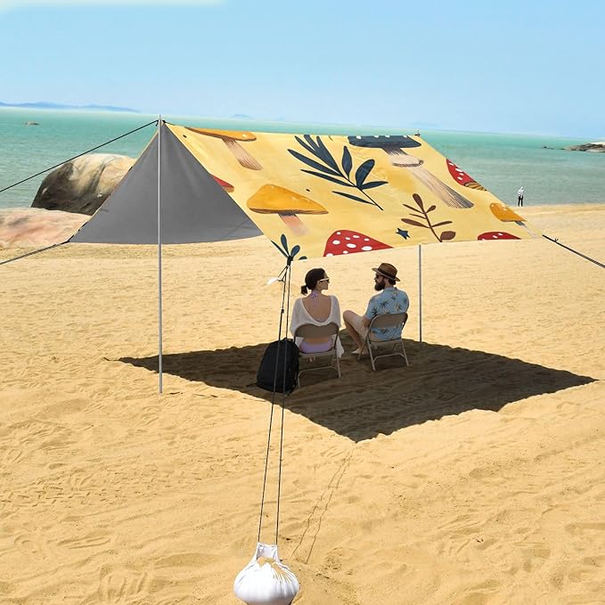 ALAZA Mushroom Green Leave Beach Tent Sun Shelter Portable Canopy Sunshade for Outdoor Camping Picnics Backyard Fun 10x9 ft