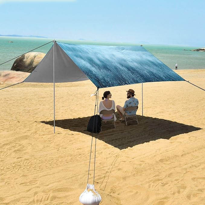 Meadow Blue Beach Tent Sun Shelter Set UPF50+ UV Protection 10.5 x 9.19 FT Camping Shade Canopy with Sandbags Sand Anchors Carrying Bag and Others