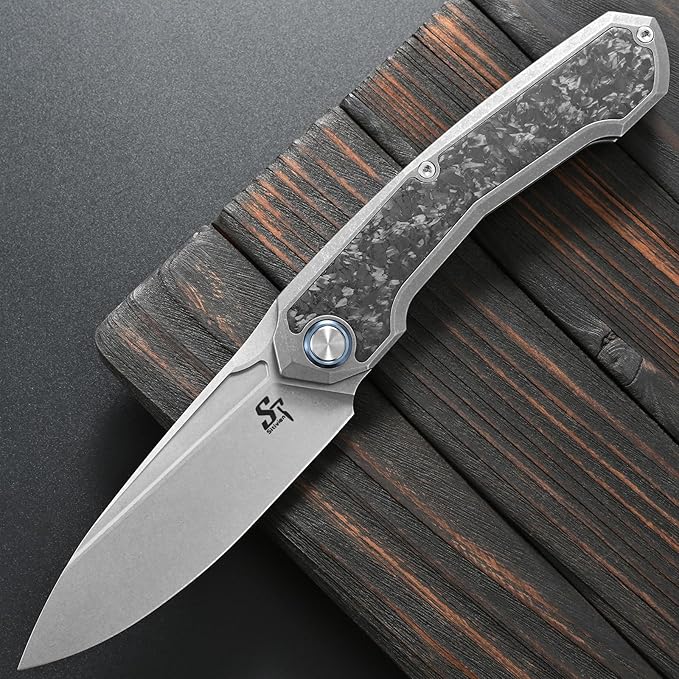 Sitivien ST999 Folding KnifeS35VN Steel Blade with Titanium and Carbon Fiber Handle Liner LockEDC Knife with pocket clip for Outdoor Camping Survival Hiking(Gray)