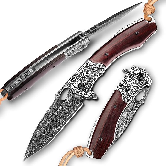 forging handmade vg10 damascus steel folding kniferosewood handle leather sheathedc pocket knives for men outdoors camping fishing