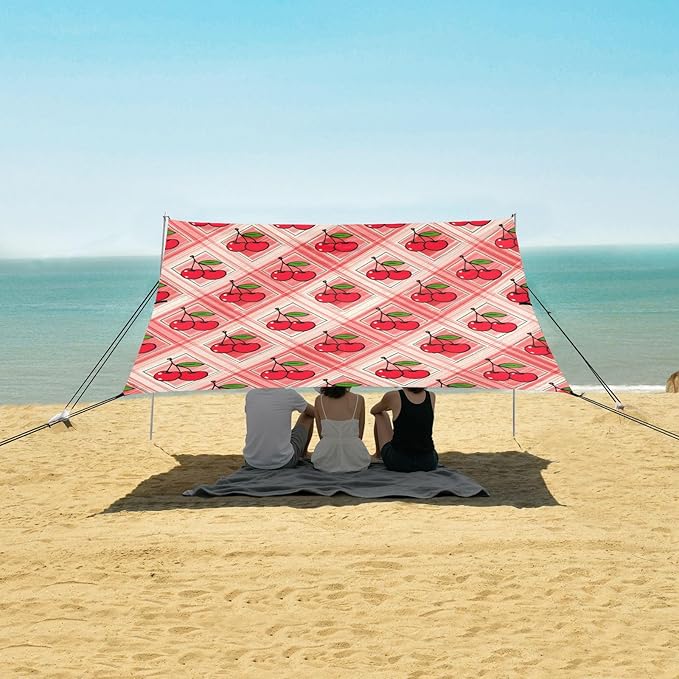 xigua Cherry Beach Tent Sun Shelter with Carrying Bag - Silver Coated Oxford Fabric Beach Canopy for Beach Camping Fishing - Includes Windproof Ropes Sandbags &amp Stakes