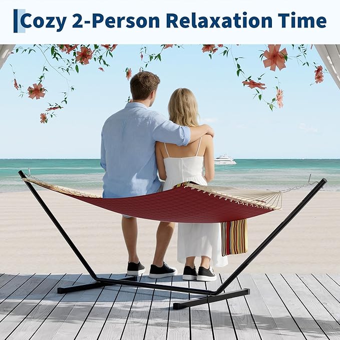 Hammocks 12 FT Double Quilted Fabric Hammock with Spreader Bar and Detachable Pillow 2 Person Hammock for Outdoor Patio Backyard Poolside 450lbs Weight Capacity