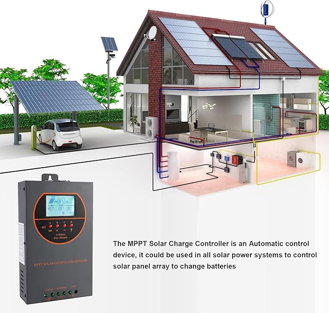 60A MPPT Solar Charge Controller 12V/24V/36V/48V Auto Max 160V PV Input 3000W Max Power Regulator w/ LCD Display Works with AGM Gel Flooded Lithium Batteries