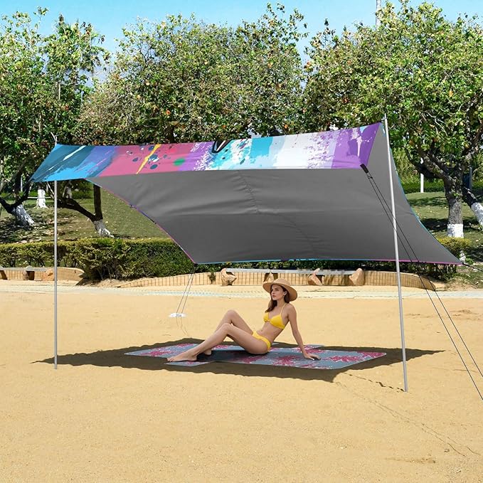 Funny Sharks Beach Canopy UPF50+ Protection Lightweight Shade Sun Shelter with Sand Pockets for Camping Picnics Backyard
