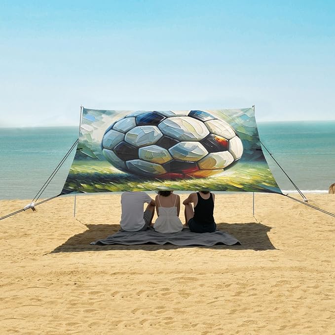 ALAZA Soccer Football Painting Beach Tent Sun Shelter UPF50+ Protection Beach Shade Canopy w/ 4 Sandbags for Outdoor Camping Fishing Backyard Fun Picnic 10x9 ft