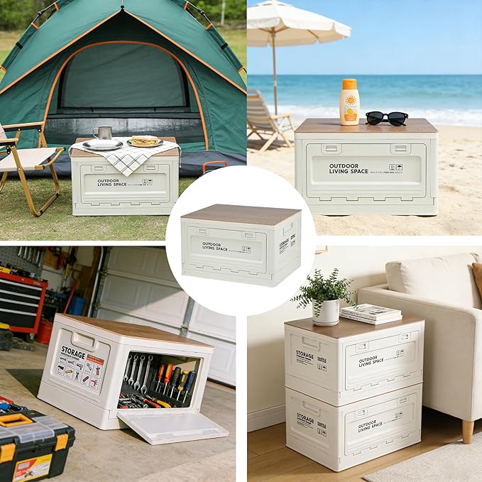 【3-Side Opening 50L Storage Bins with LidsPortable Foldable Storage Box Plastic Stackable Storage Bin for Camp Car RV Office (White)