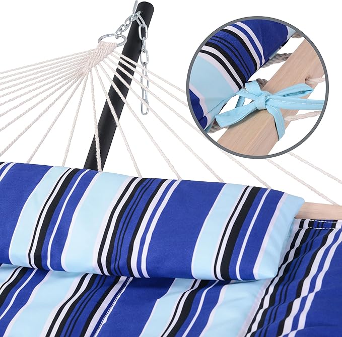 SUNCREAT 2 Person Hammock with Hardwood Spreader Bar Outdoor Rope Hammock with Polyester Pad 475 lbs Capacity Blue Stripes