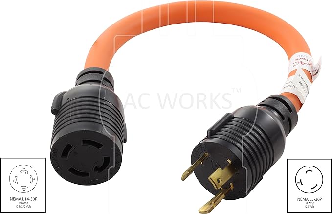 AC WORKS Generator to Transfer Switch L14-30 Inlet Box Adapter (L5-30 30Amp 3-Prong to L14-30-Flexible)
