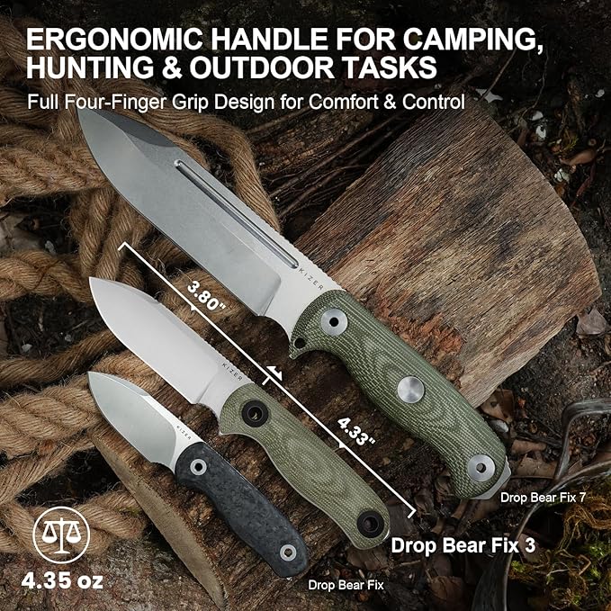 Kizer Drop Bear Fix 3 Fixed Blade Knife 3.8 14C28N Blade EDC Camping Knife with Green Micarta Handle Small Hunting Knives with Sheath Outdoor Survival Knives with Pocket Clip and Lanyard 1101A2