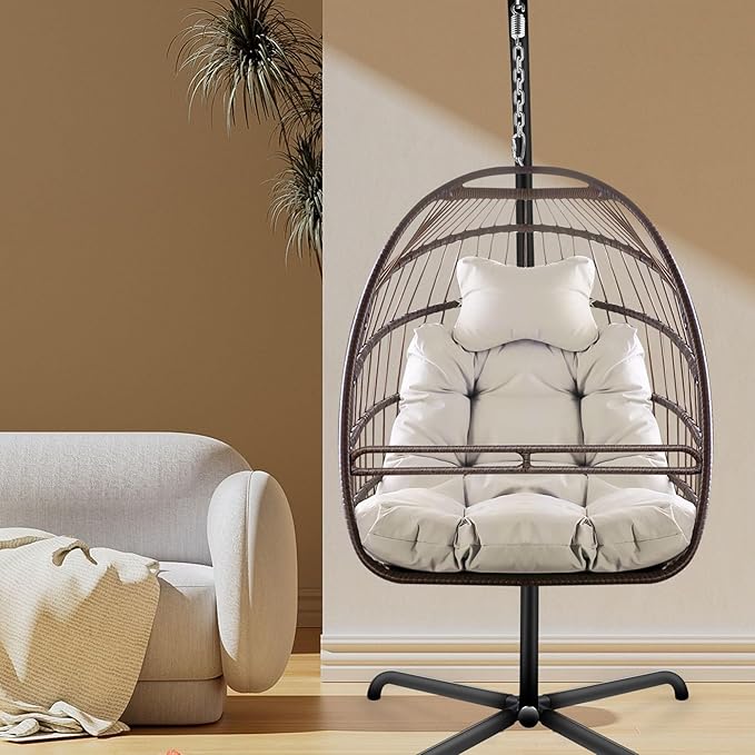 Swing Egg Chair with Stand Indoor Outdoor Wicker Rattan Patio Basket Hanging Chair with C Type Bracket Cushion Pillow and Special Construction Cup Holder