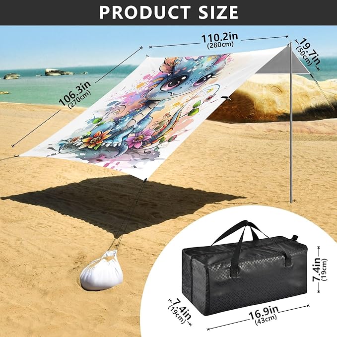 ALAZA Cute Dragon Baby Art Beach Tent Sun Shelter UPF50+ Protection Beach Shade Canopy w/ 4 Sandbags for Outdoor Camping Fishing Backyard Fun Picnic 10x9 ft