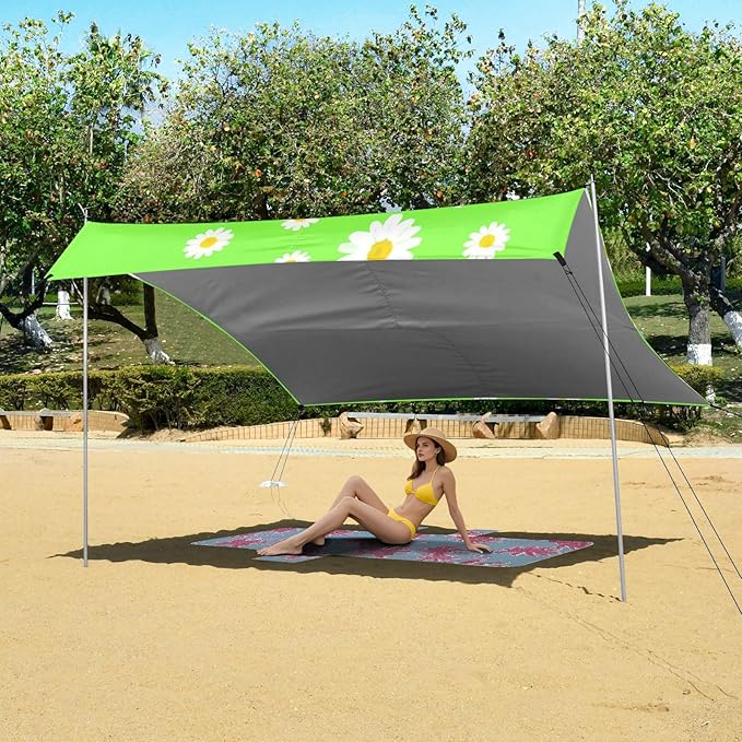 Beach Canopy with Windproof Ropes &amp Sandbags Beach Tent Sun Shade Sun Shelter for Camping Trips Fishing Backyard Fun or Picnics Daisy