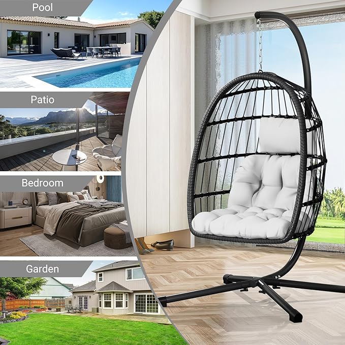 CHABATREE Egg Chair with StandPatio Rattan Wicker Hanging Swing Egg Chair Hammock Chair for Bedroom Porch GardenThickened Aluminum Alloy Steel Frame and UV Resistant Cushion350LBS Capacity