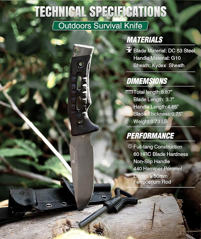 HX OUTDOORS Fixed Blade Camping Knife with Fire Starter Premium DC54 Steel Full Tang Bushcraft Survival Knife with Kydex Sheath for EDCOutdoorCampingHiking