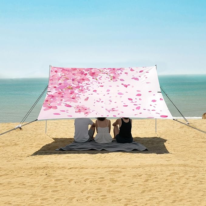 ALAZA Pink Cherry Blossom Petal Beach Tent Sun Shelter UPF50+ Protection Beach Shade Canopy w/ 4 Sandbags for Outdoor Camping Fishing Backyard Fun Picnic 10x9 ft