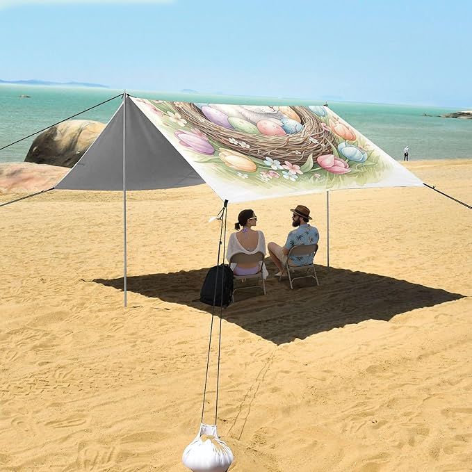Easter Bunny Beach Canopy Sun Shelter with Sandbags &amp Sand Shovel &amp Windproof Ropes - Portable 110x126 Beach Shade Beach Tent for Camping Picnics