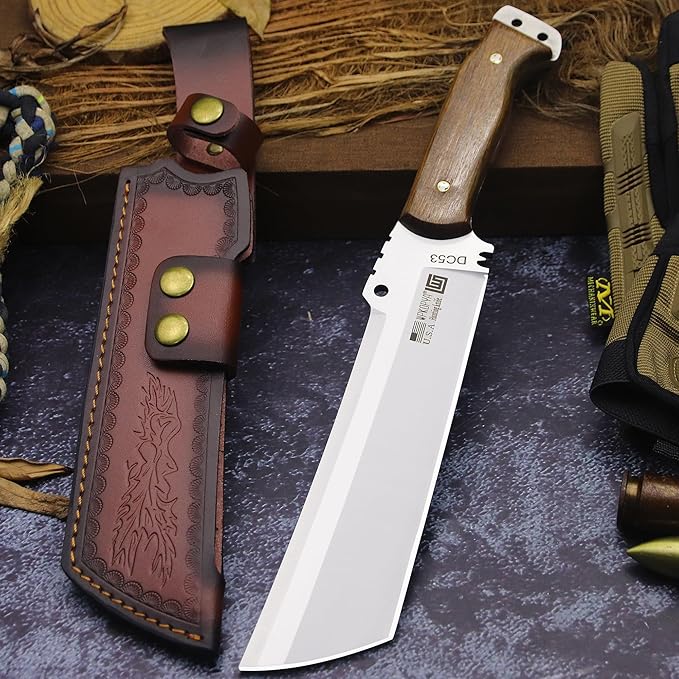 WPKOPYA Fixed Blade Outdoor Knife with Leather Sheath DC53 Steel Full Tang 6.6” Sharp Blade Wooden Handle 13.6” Tactical Survival Knife for Camping Hiking Bushcraft Cooking &amp Utility Use