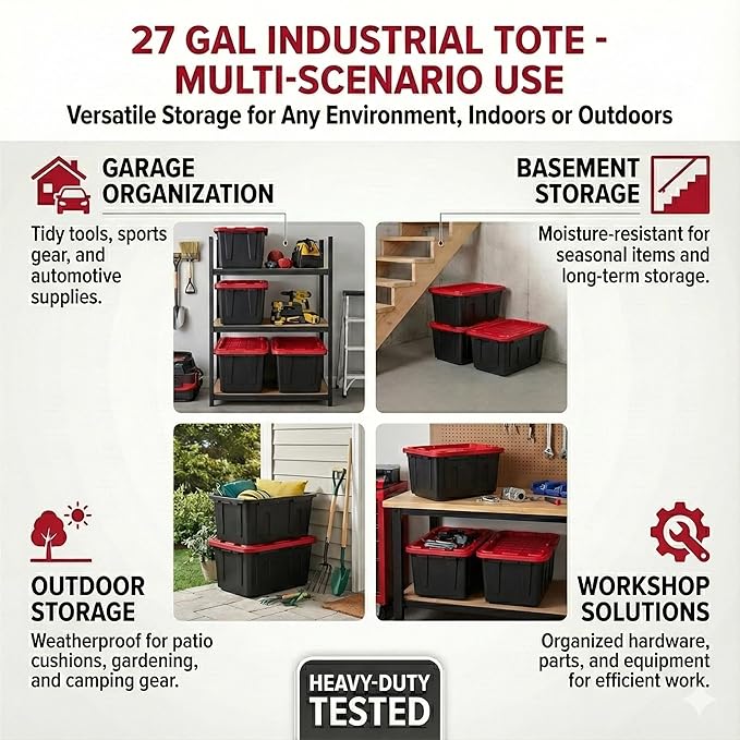 27 Gal Industrial Tote4 Pack Plastic Storage Bins with Lids Tough Large Storage BinBlack with Red Lid Plastic StorageStackable &amp Nestable for Garage Basement or Outdoor (4 Pack)