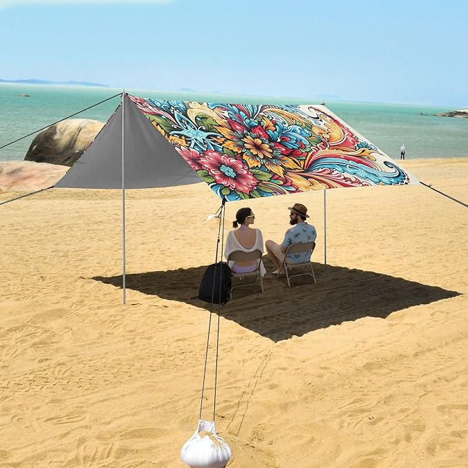 Traditional Floral Waves Beach Tent Sun Shelter Set UPF50+ UV Protection 10.5 x 9.19 FT Camping Shade Canopy with Sandbags Sand Anchors Carrying Bag and Others