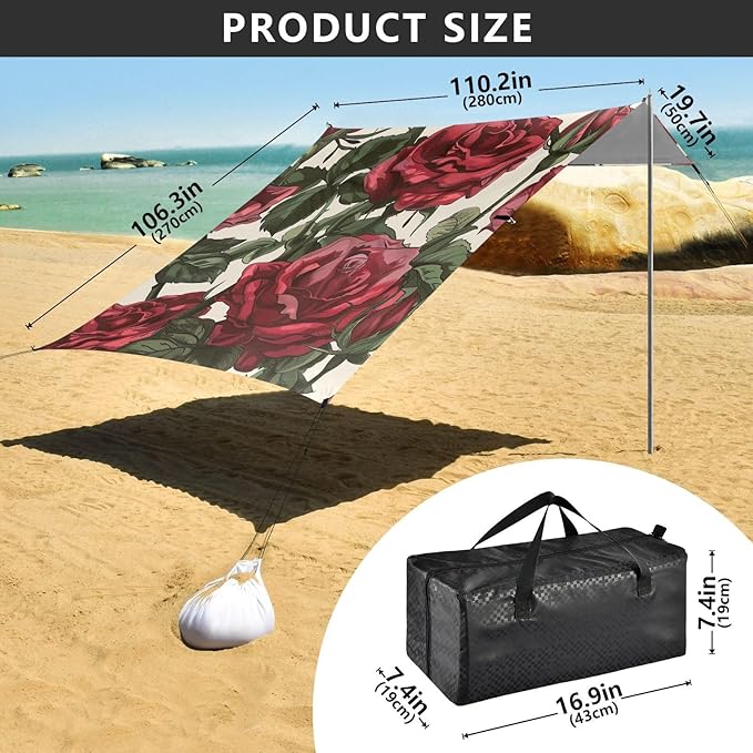 ALAZA Red Roses Sseamless Beach Tent Sun Shelter Portable Canopy Sunshade for Outdoor Camping Picnics Backyard Fun 10x9 ft