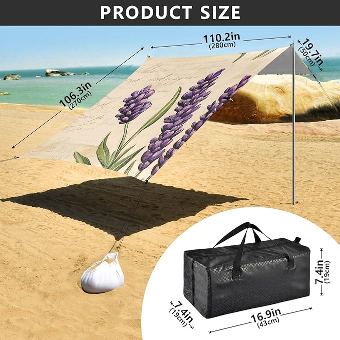 ALAZA Retro Style Lavender Beach Tent Sun Shelter Portable Canopy Sunshade for Outdoor Camping Picnics Backyard Fun 10x9 ft