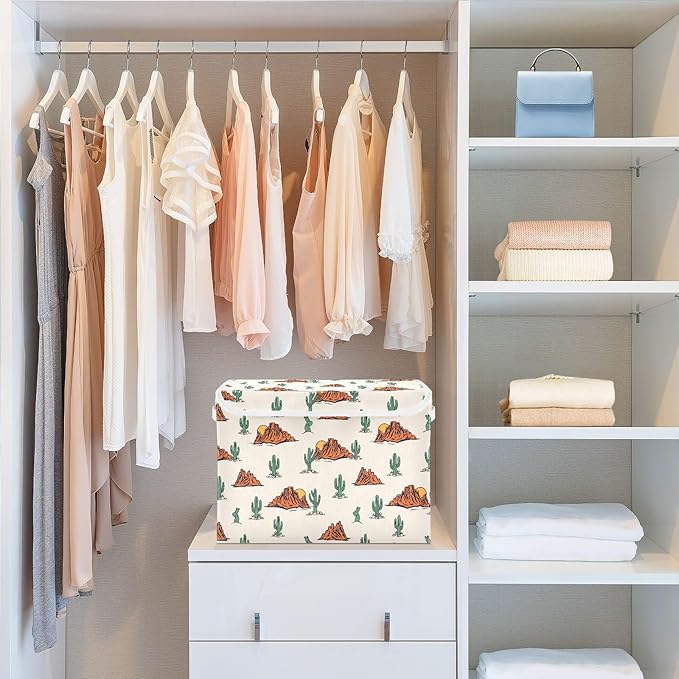 Storage Box Western Cactus Closet Storage Bins with Lids Foldable Oxford Fabric Storage Box for Home Bedroom Closet Office (16.5x12.6x11.8 in)