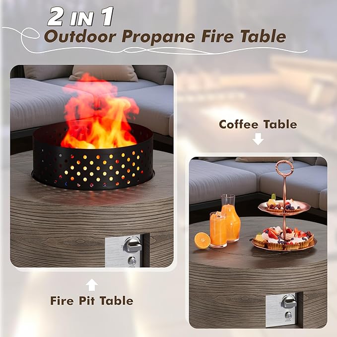 30 Round Propane Fire Pit Table - 50K BTU with Lid Rocks Tank Storage and Cover - Round Gas Fire Pits for Outside Patio - Outdoor Table with Firepit (Teak Finish 30 Round)