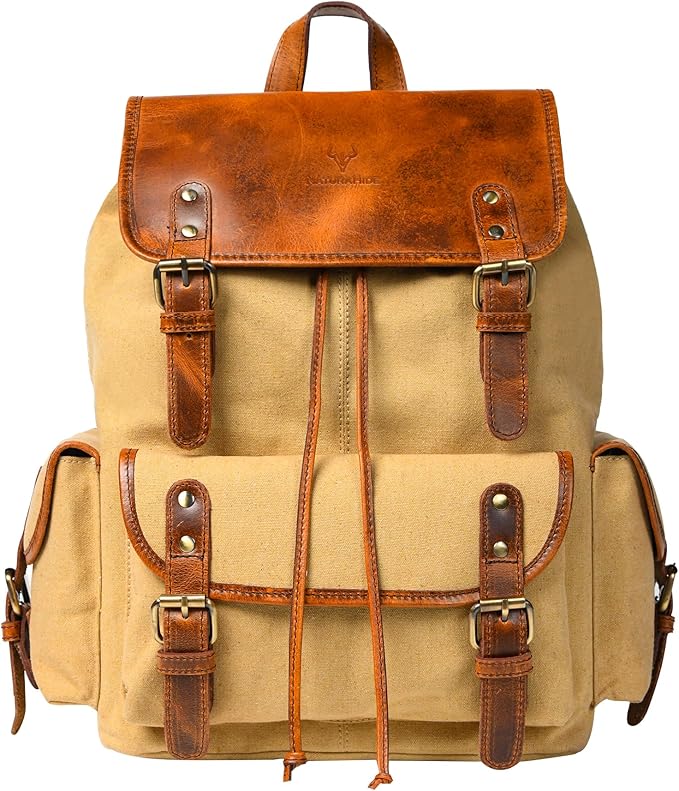 Leather Canvas Backpack Durable Vintage Large Travel Laptop Bag for Men &amp Women Work Hiking School (Tan)
