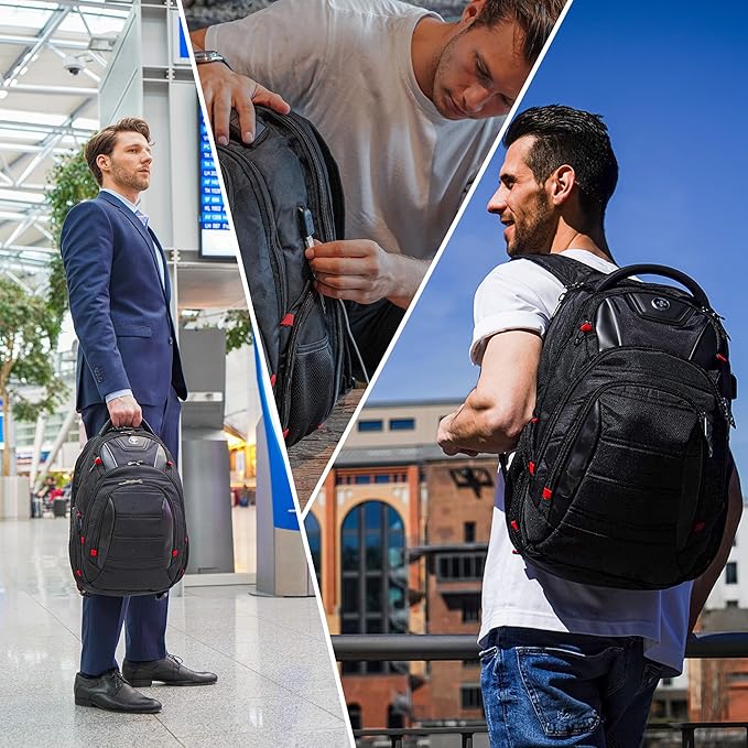 Swissdigital Design Travel Backpack for Women or Men TSA Friendly USB Charging RFID Protection Business Carry on Bag Fits 15.6 Laptop Backpack Black | J14-BR