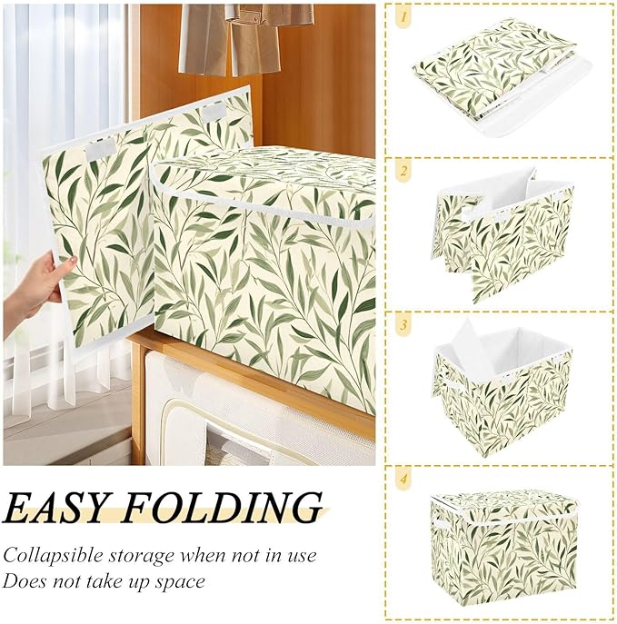Beige Botanical Willow Leaf Collapsible Storage Bins with Lids Decorative Fabric Cubes Closet Organizer Basket Boxes Containers for Clothes Box Chest Folding Rectangle