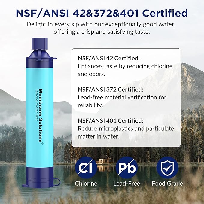 Membrane Solutions Straw Water Filter S1 NSF/ANSI 42&amp372&amp401 certificated Survival Filtration Portable Gear Emergency Preparedness Supply for Drinking Hiking Camping Team Family Outing
