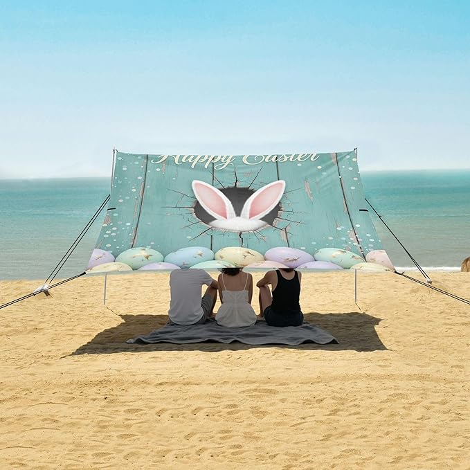 Happy Easter Beach Canopy Sun Shelter with Sandbags &amp Sand Shovel &amp Windproof Ropes - Portable 110x126 Beach Shade Beach Tent for Camping Picnics