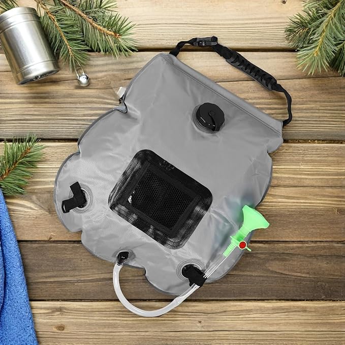 PRETYZOOM 20l Solar Heated Camping Shower Bag with Portable Shower Head Front Mesh Pocket Gray Outdoor Hiking and Beach Travel
