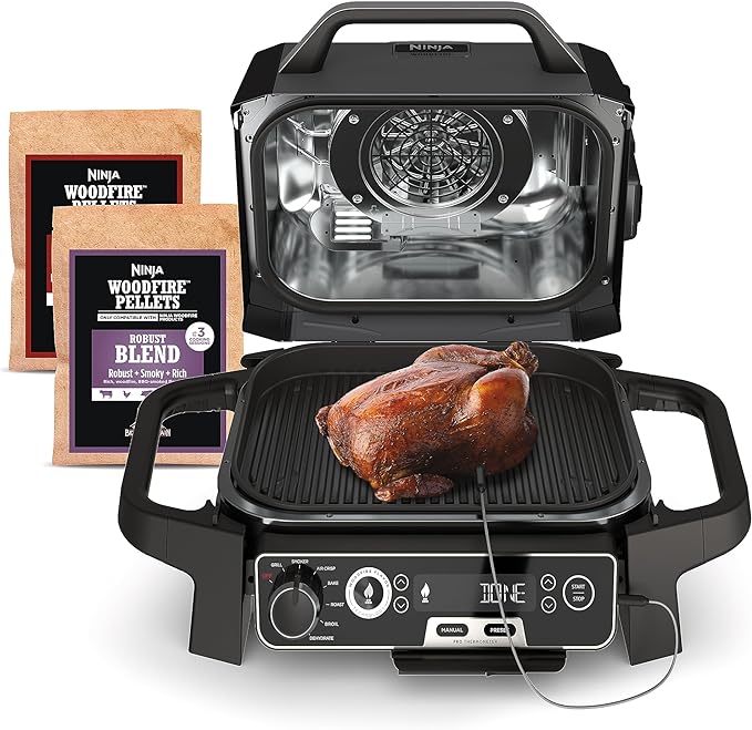 Ninja OG751 Woodfire Pro Outdoor Grill Built-In Thermometer7-in-1 Master GrillBBQ Smoker&amp Outdoor Air Fryer Plus BakeRoastDehydrate &amp BroilWoodfire TechnologyWeather-ResistantGrey XL