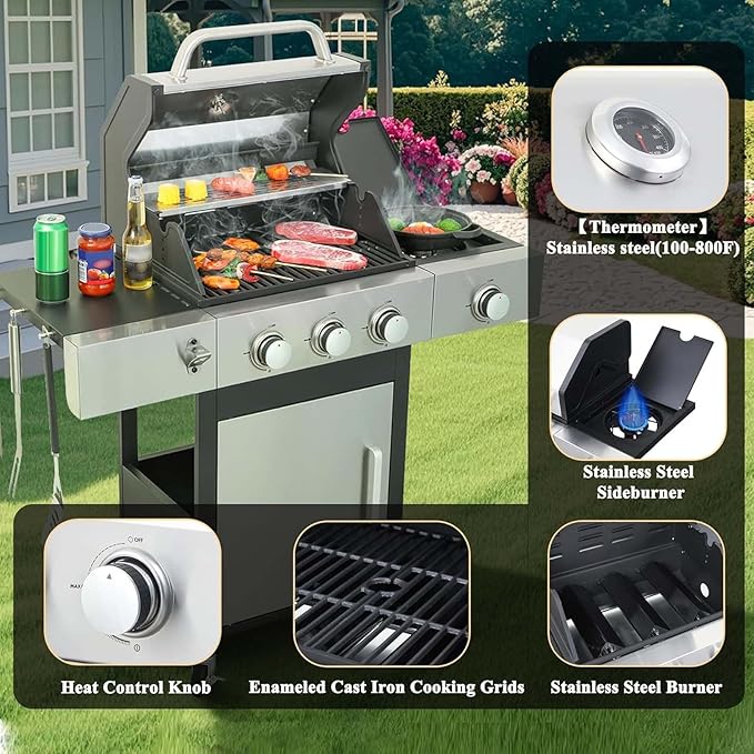 3-Burner Propane Gas BBQ Grill with Side Burner &amp Porcelain-Enameled Cast Iron Grates 37230 BTU Output Stainless Steel Grill for Cooking Kitchen Patio Backyard Barbecue