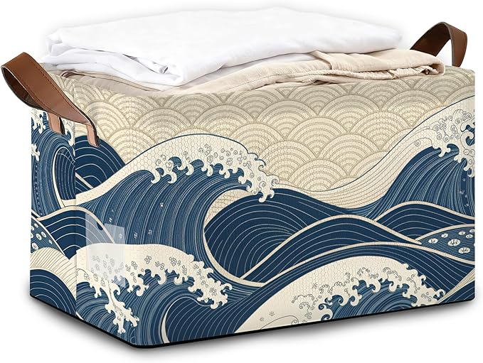 Ocean Waves Storage Bin with Handles Basket Storage Organizer for Shelves Closet Nursery Book Laundry Hamper &amp Home Decor