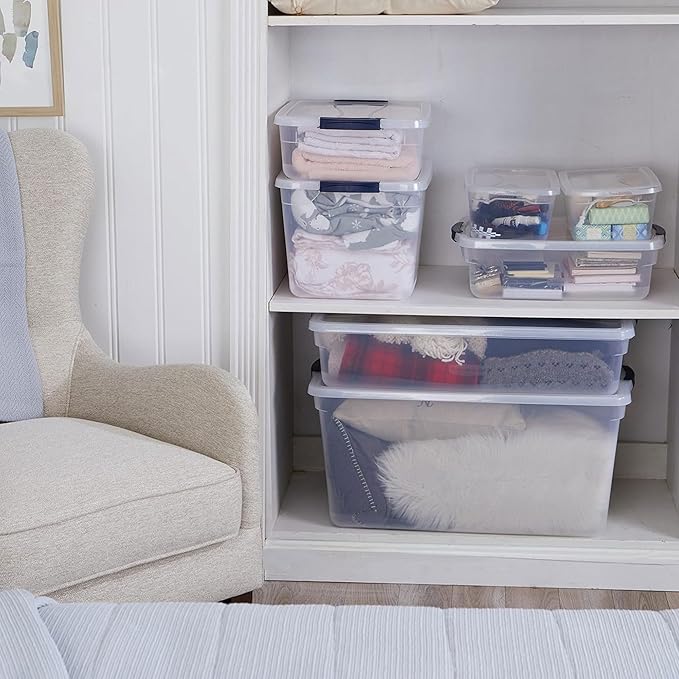 Rubbermaid Cleverstore Clear Dorm Variety 16-Pack Made in USA Stackable Large Clear Storage Bins with Lids See-Through Plastic Storage with Latching Lids BPA-Free