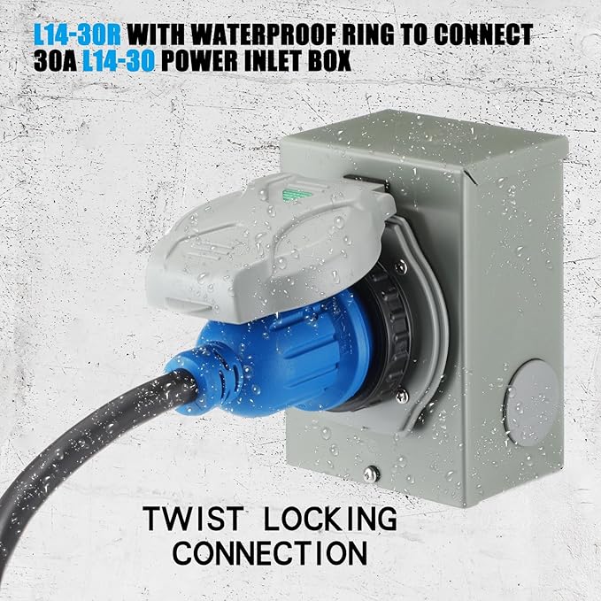 Tellegloww 10 ft TT-30P to L14-30R Generator Transfer Switch Adapter Cord 30 Amp TT-30P Male to L14-30R Female with Locking Ring Generator to House Inlet Box Adapter STW 10 AWG ETL Listed