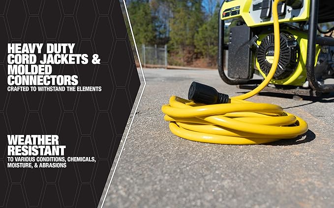 Southwire Generator Cord - 10-Gauge Heavy Duty Electrical Power Cable with L14-30 Locking Plug &amp Receptacle - Dual Voltage 125V/250V - Molded Connectors - Weather Resistant - Yellow &amp Black -