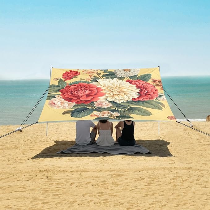Florals Rose Dahlia Gladiolus Yellow Beach Cabana UPF50 Waterproof Large Sun Shelter Includes Sand Shovel Sandbags Stability Poles for Camping Picnics Backyard &amp Fishing