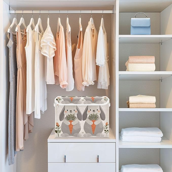Collapsible Storage Bins with Lids Decorative Fabric Storage Cubes Closet Organizer and Storage Basket Boxes Containers for Clothes Box Chest Folding Rectangle Cute Grey Bunny Carrot