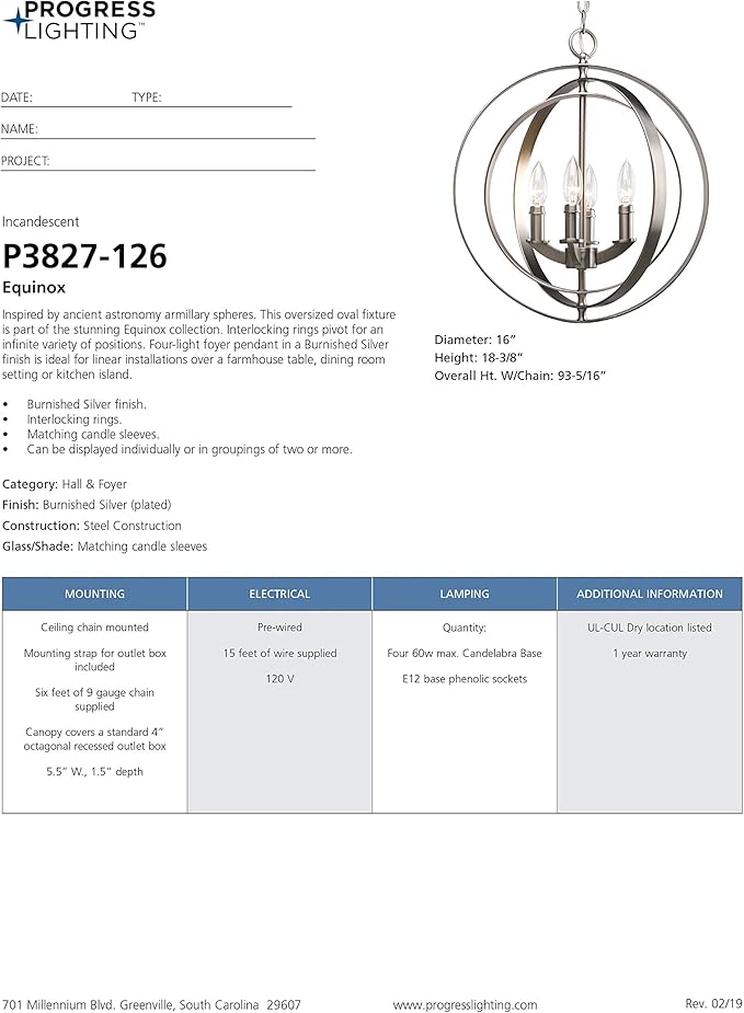 Progress Lighting 4-Light Foyer Pendant Equinox Collection Indoor P3827-126 Burnished Silver