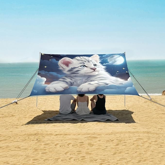 ALAZA Cute White Tiger Baby Beach Tent Sun Shelter UPF50+ Protection Beach Shade Canopy w/ 4 Sandbags for Outdoor Camping Fishing Backyard Fun Picnic 10x9 ft