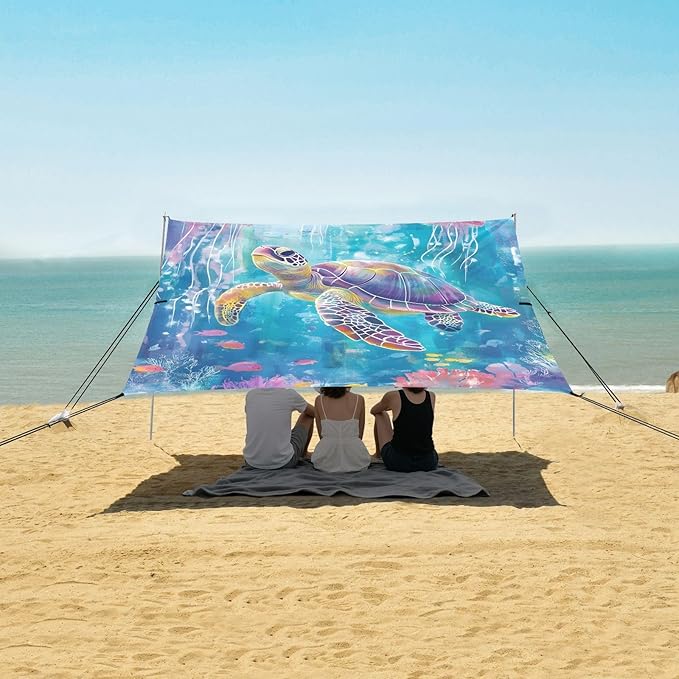 ALAZA Watercolor Turtle Jellyfish Coral Beach Tent Sun Shelter Portable Canopy Sunshade for Outdoor Camping Picnics Backyard Fun 10x9 ft