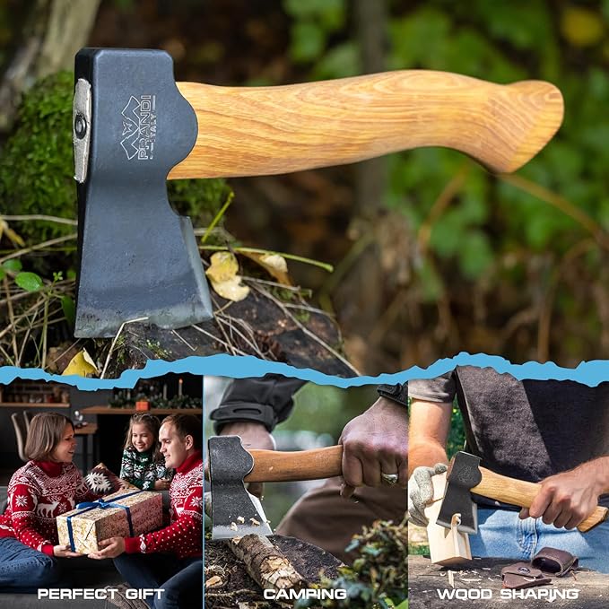 Prandi Segurin Hatchet 88lb - Hickory Handle 11in with Leather String - Ideal for Camping Travel and Bushcraft - Made in Italy