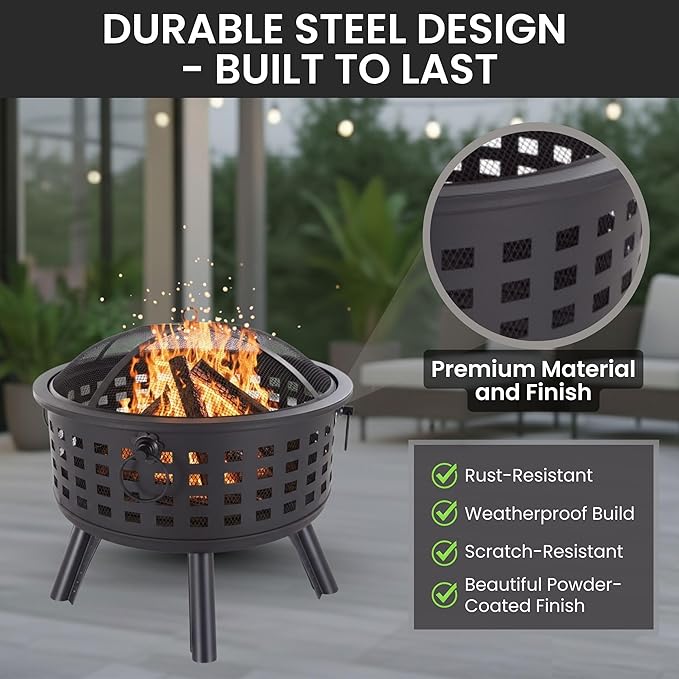 Outdoor Fire Pit - 26-Inch Round Lattice Wood Burning Firepit with Screen Poker Grate and Cover - Wood Fire Pits &amp Outdoor Fireplaces by Pure Garden