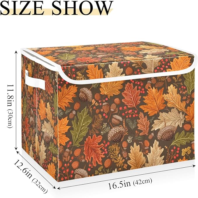 Storage Bins with Lids Storage Containers Box Organizer Bin Basket with Handles for Closet Shelves Clothes Stackable Foldable Decorative Brown Maple Leaves Acorns Berries Branches