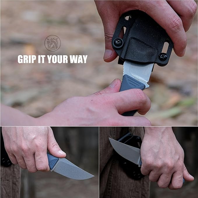Vosteed H-Back Series EDC Fixed Blade Knife - 2.92 14C28N Blade with Sheath Blue G10 Handle with S.O.A.R. Clip for Hunting Camping Knives - D0403