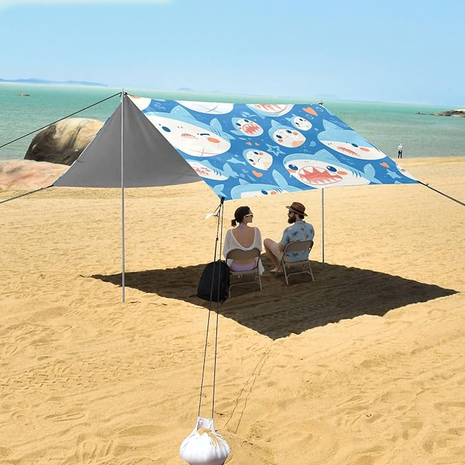 Shark Water Blue Pattern Beach Tent &amp Canopy UPF50+ Waterproof Large Sun Shelter with Sand Shovel Sandbags for Camping Picnics Backyard &amp Fishing